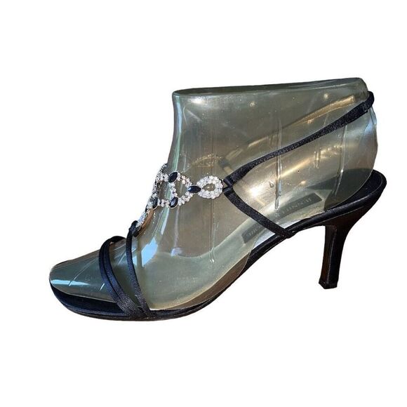 Jennifer Moore Onyx Black - Black Slingback - Jeweled Open Toe Heels Wmns Sz 10 - Picture 2 of 12